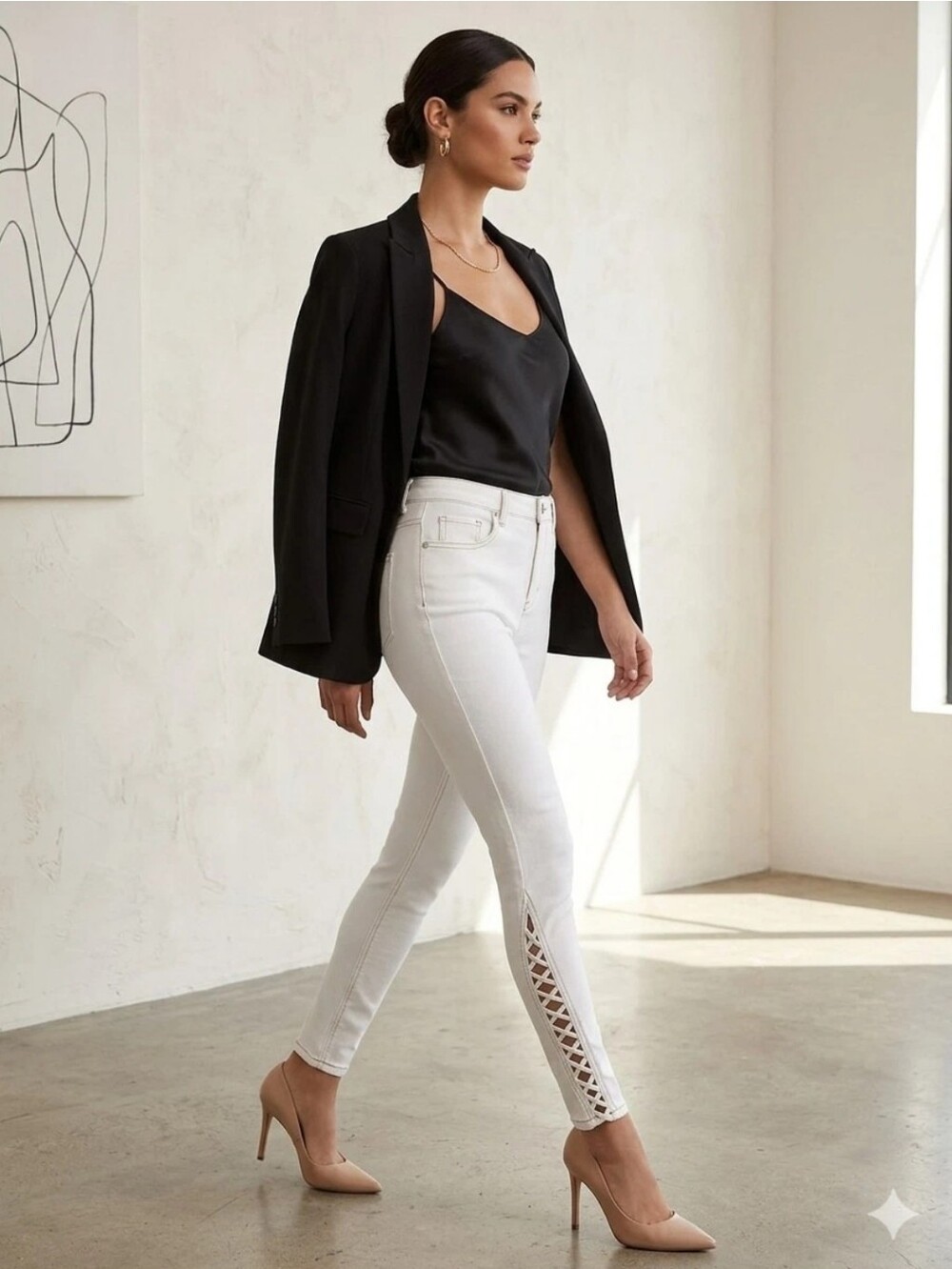 Bebe Skinny High-Waist White Lattice Ankle Skinny Jeans ~26